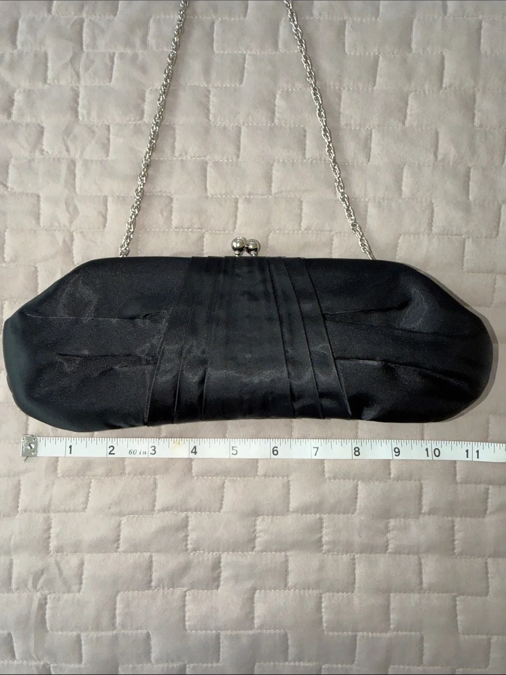 White House Black Market Black Satin Clutch with Silver Chain - Picture 4 of 6